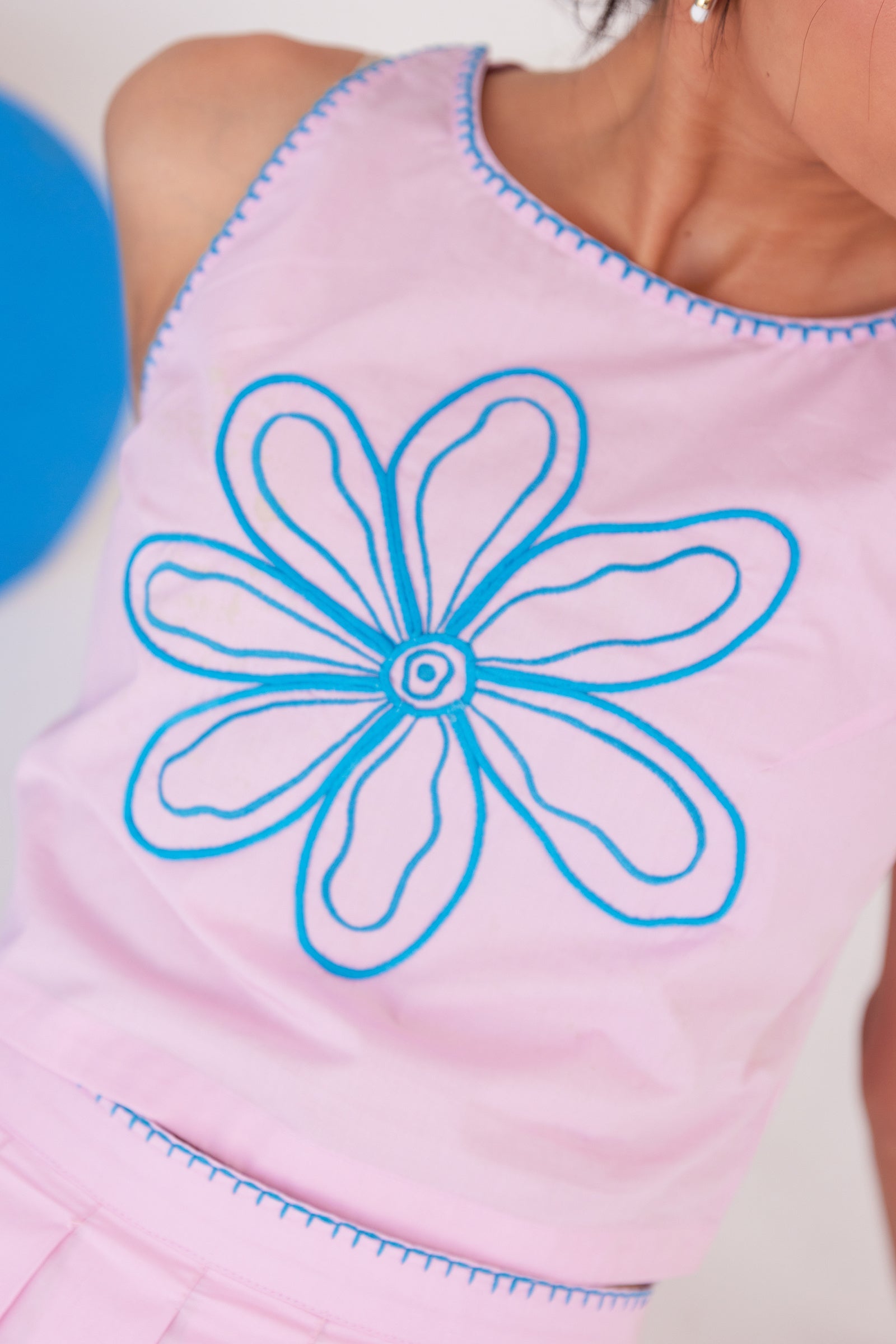 POWERPUFF PINK EMBROIEDERED TOP - PLEATED SKIRT SET