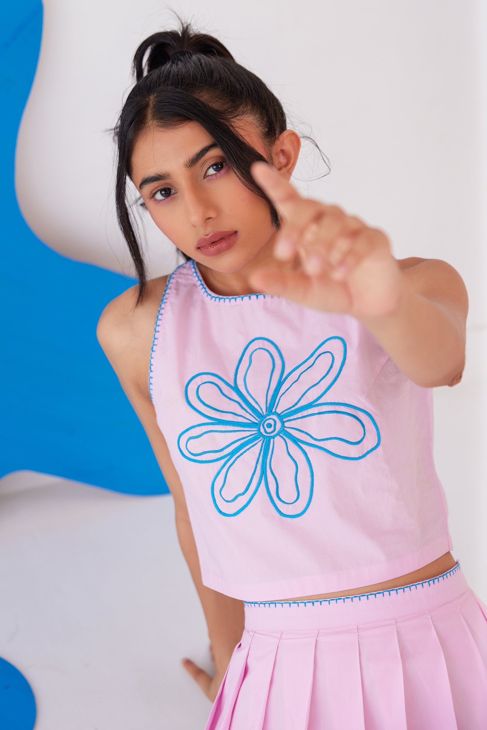 POWERPUFF PINK EMBROIEDERED TOP - PLEATED SKIRT SET