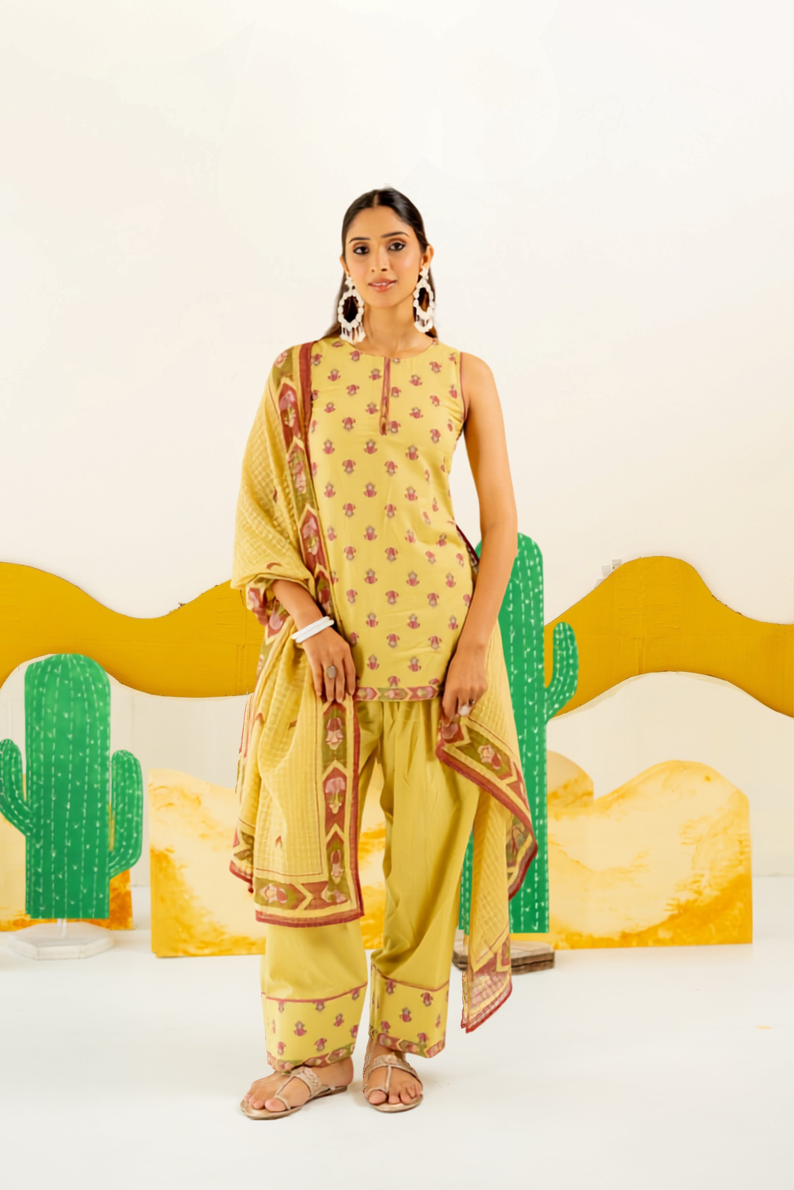 WARM OLIVE KAIRA KURTA AND FARSI SALWAR SET OF 3