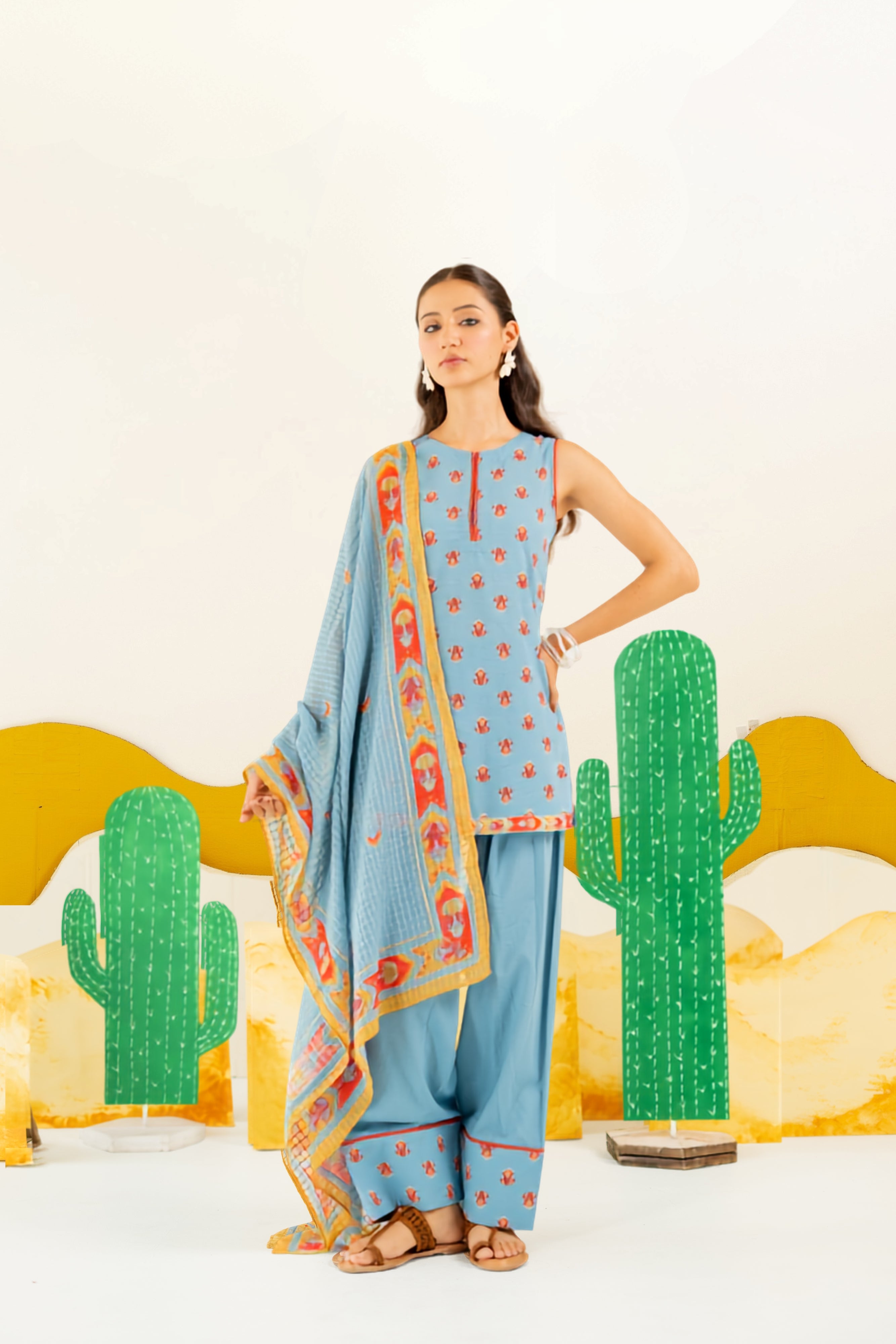 HERITAGE BLUE KAIRA KURTA AND FARSI SALWAR SET OF 3
