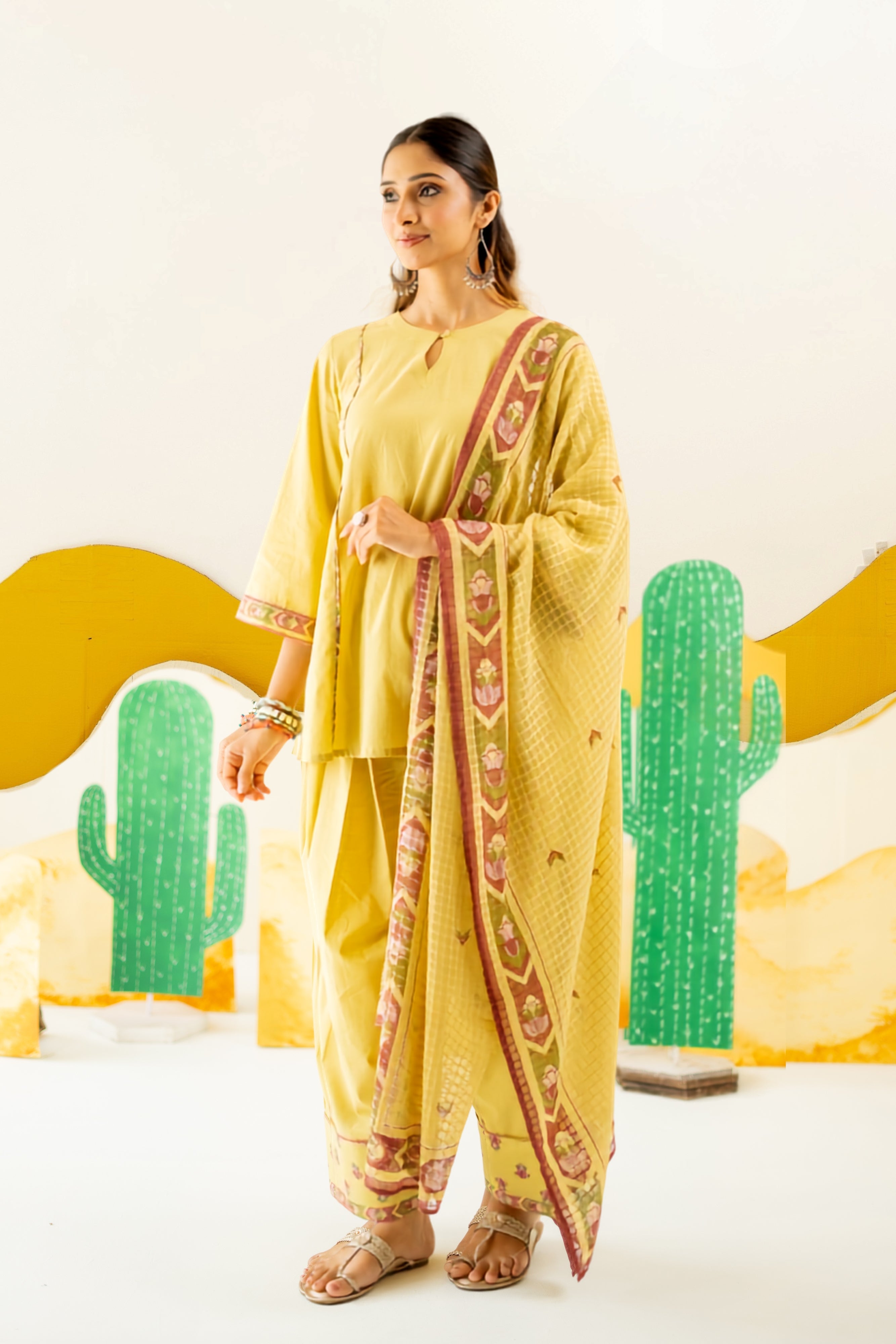 WARM OLIVE MAYARA KURTA AND FARSI SALWAR SET OF 3