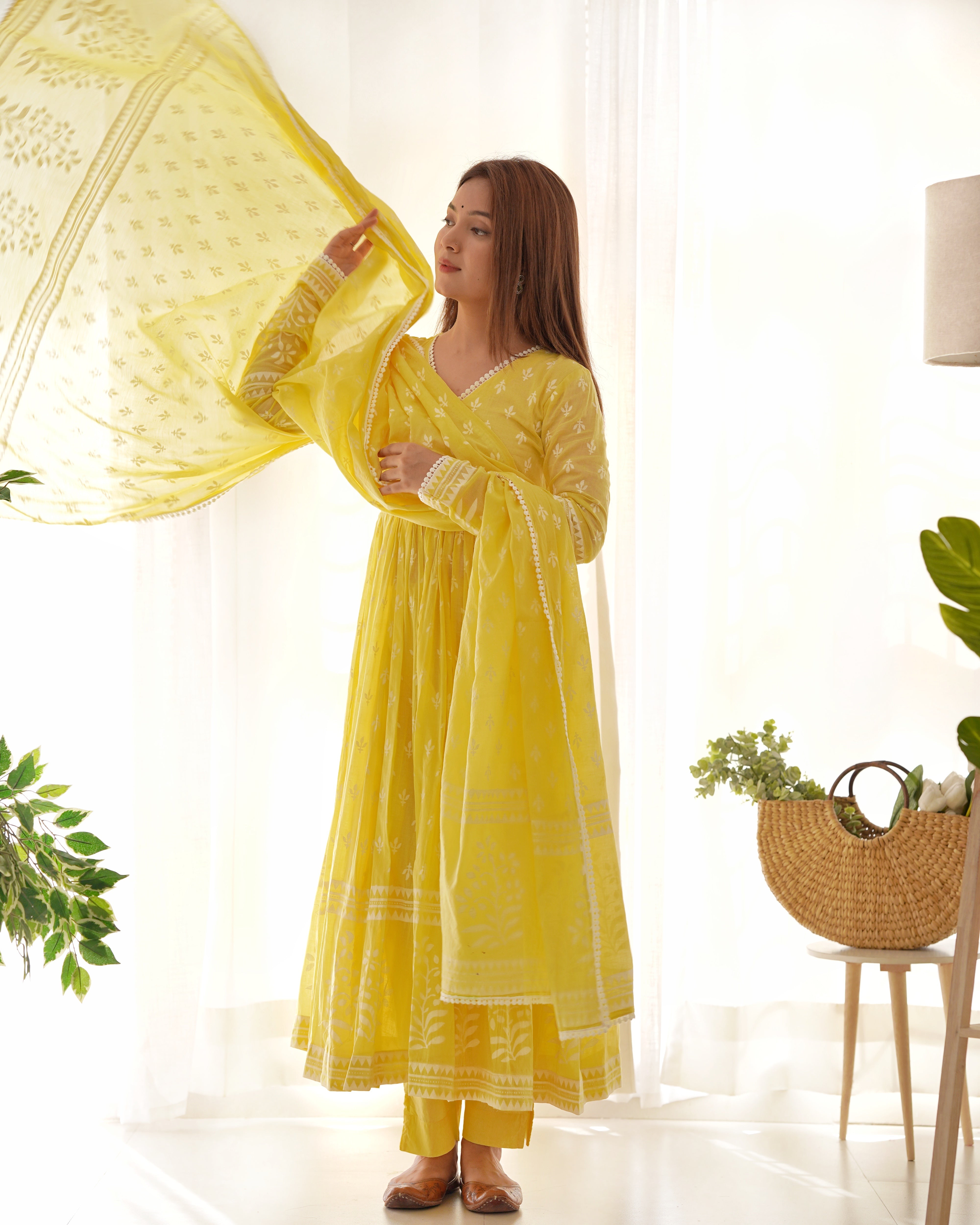 VARNIKA YELLOW MULMUL ANARKALI SET (RTS)