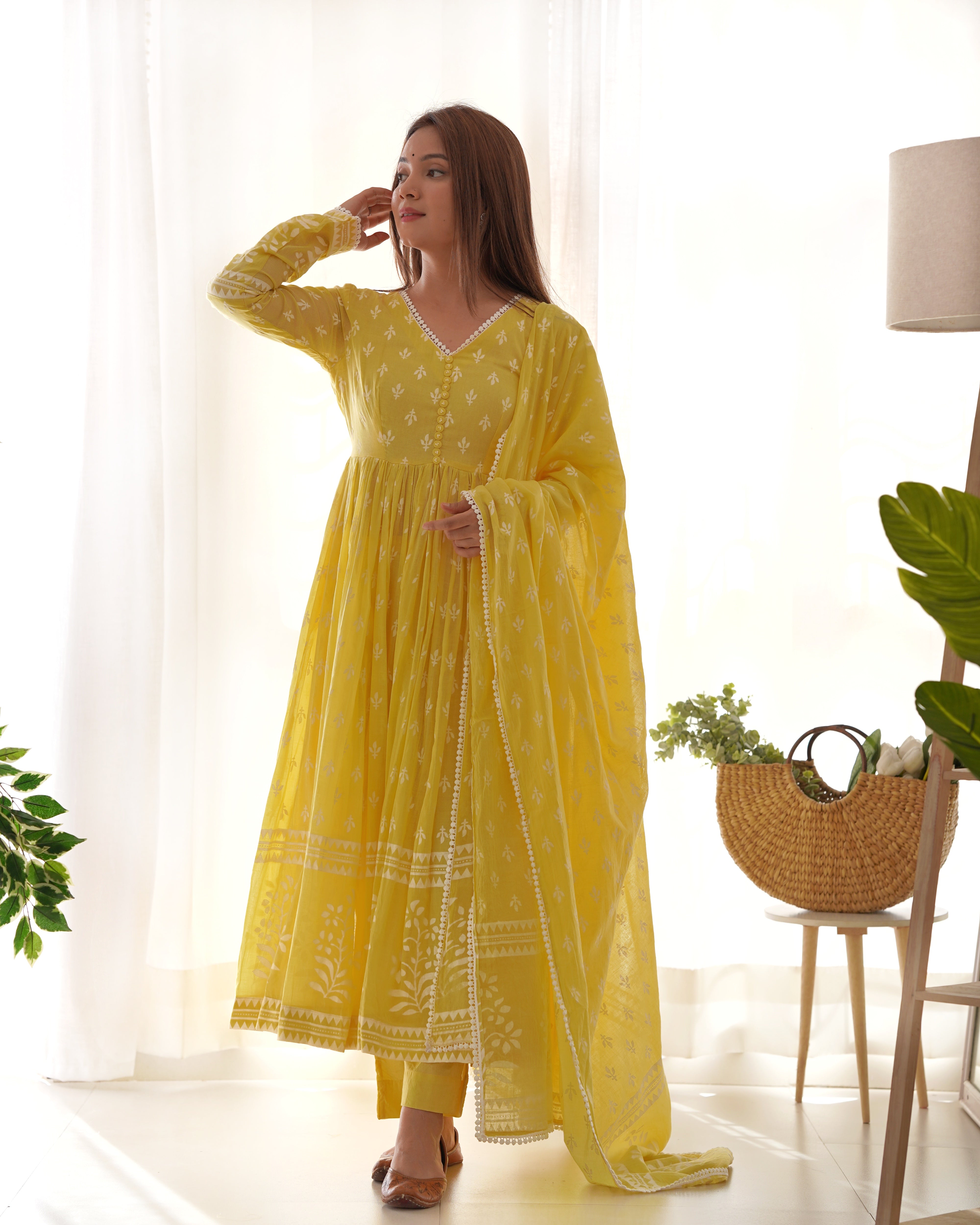 VARNIKA YELLOW MULMUL ANARKALI SET (RTS)