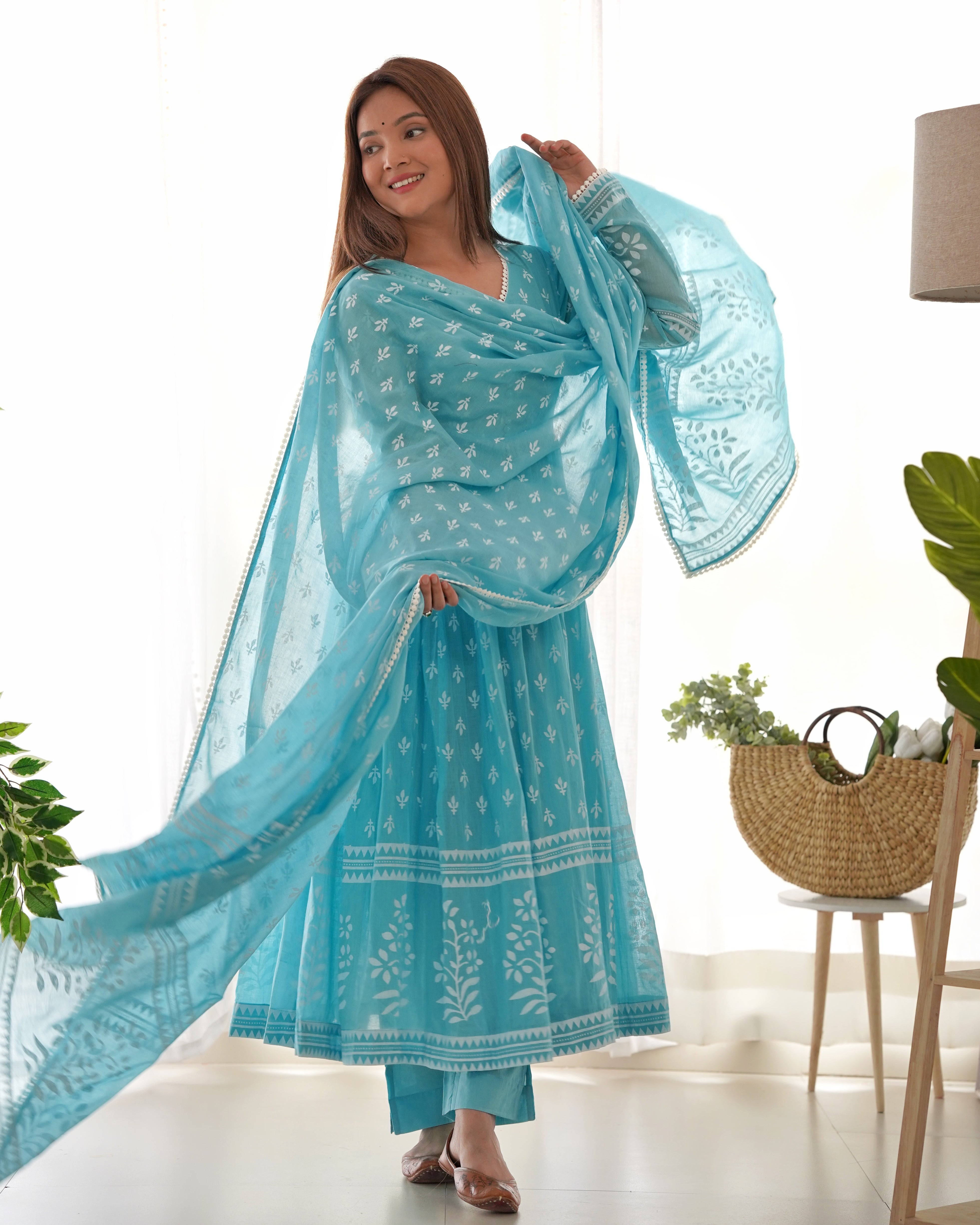 MAITREE ICE BLUE MULMUL ANARKALI SET (RTS)