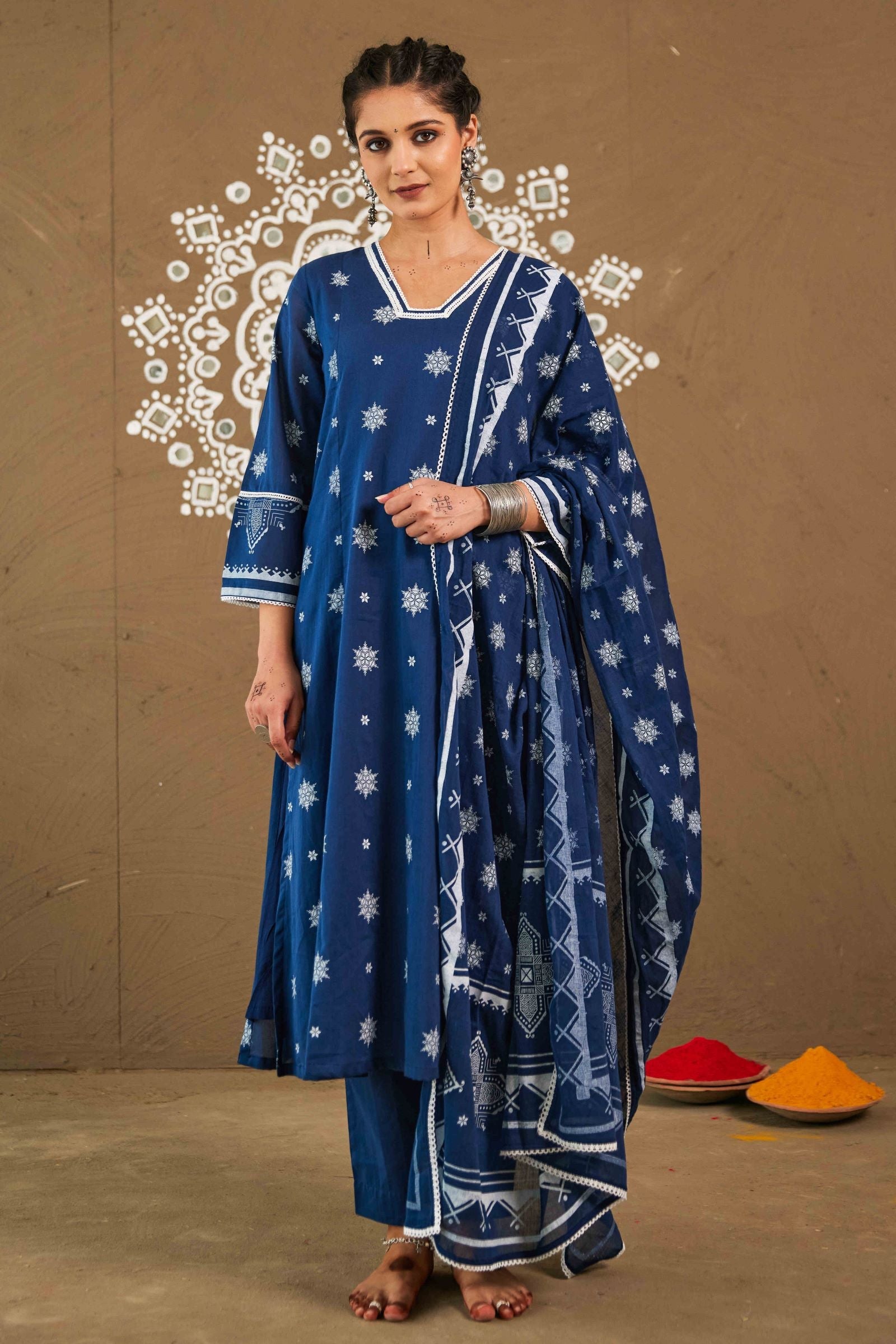 Kapur Blue Cotton Loose Fitted A-Line Set