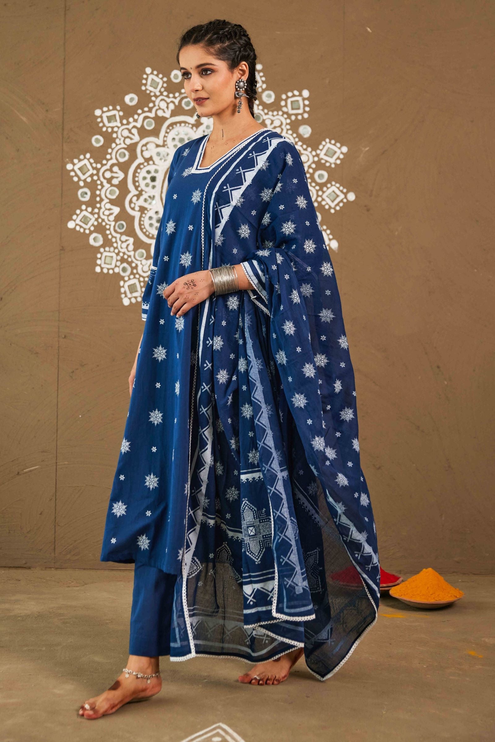 Kapur Blue Cotton Loose Fitted A-Line Set
