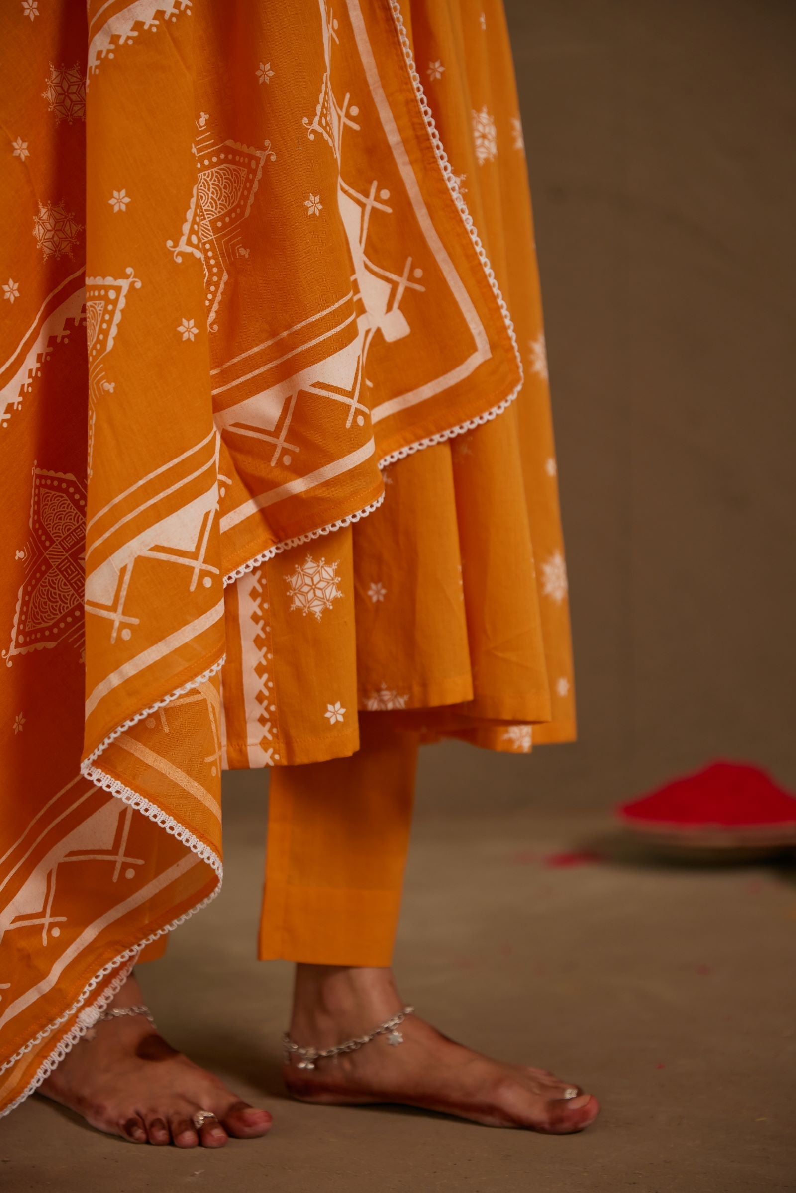 Basanti Orange Mul Cotton Side Slit Anarkali Set