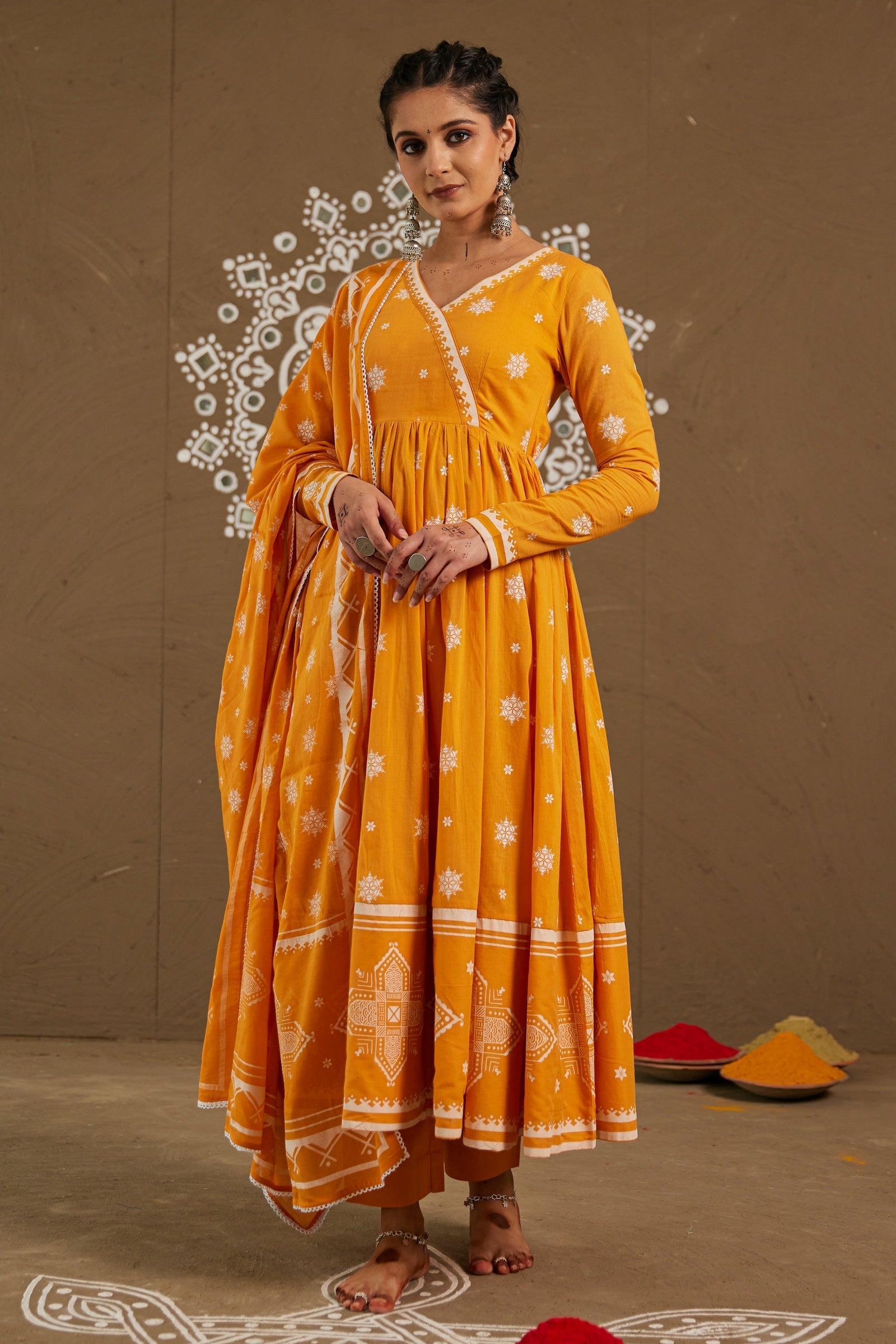 Haldi Orange Mul Cotton V neck Anarkali Set