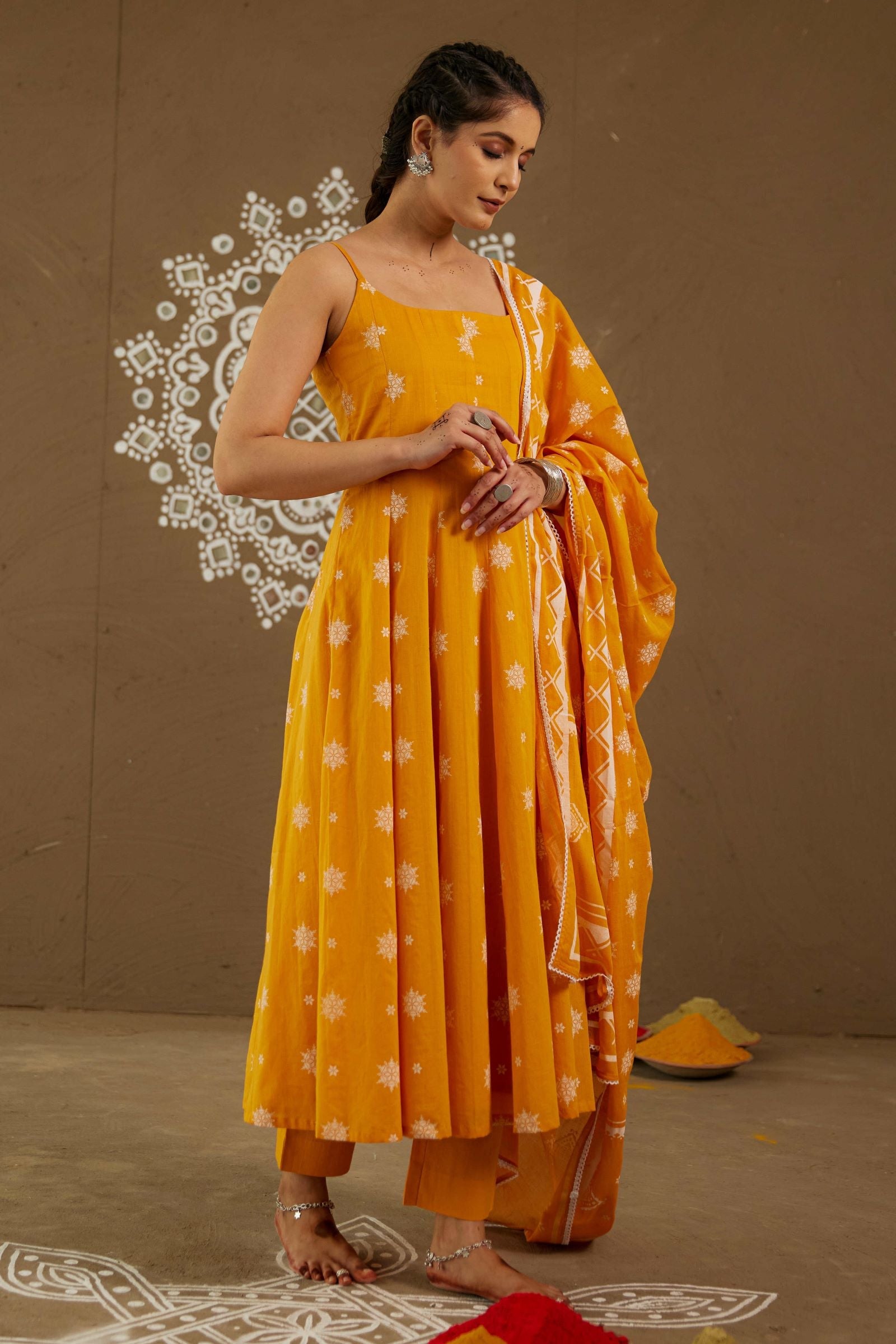 Kesar Orange Mul Cotton Adjustable Strap Anarkali Set