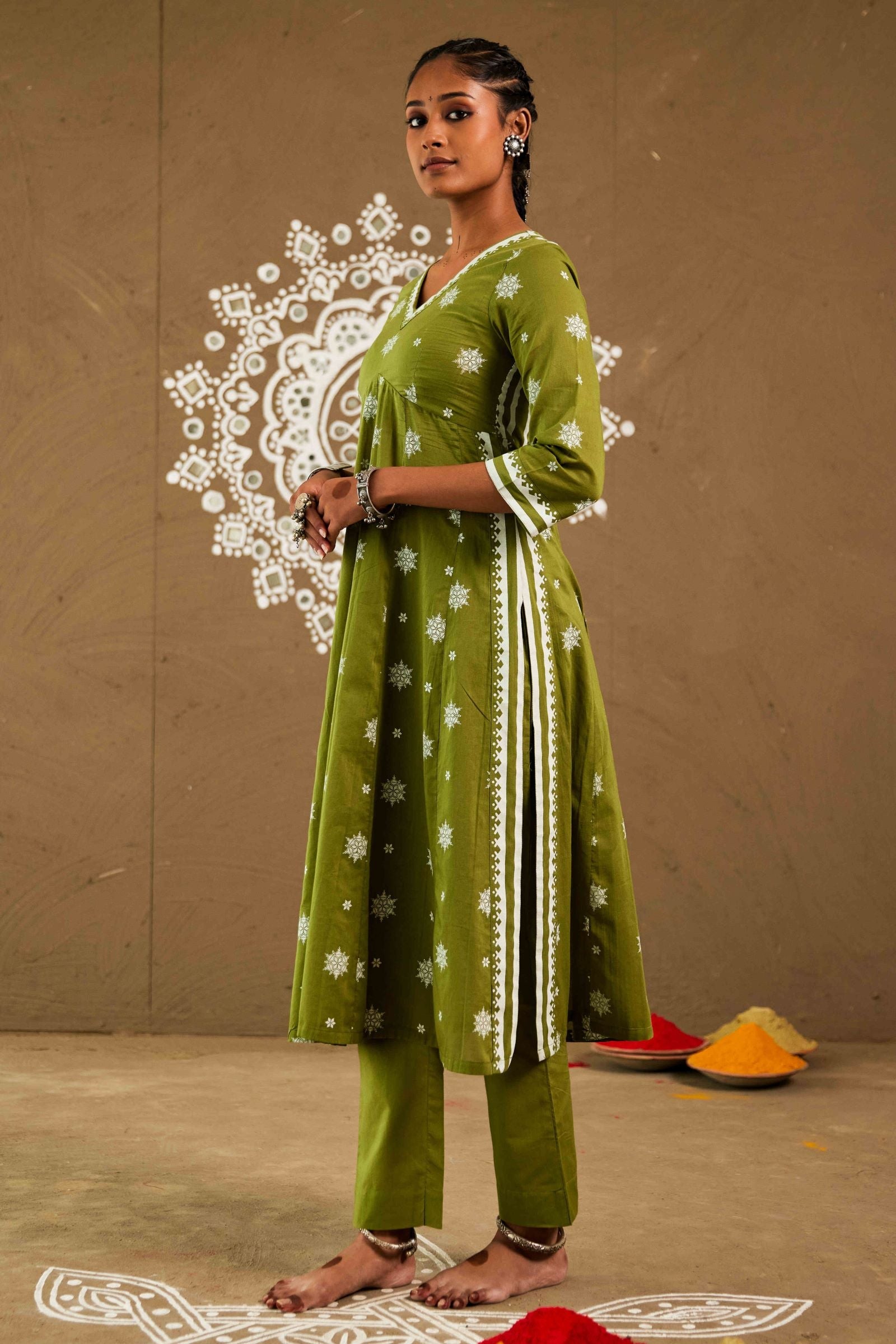 Tulsi Green Mul Cotton Side Slit Anarkali Set