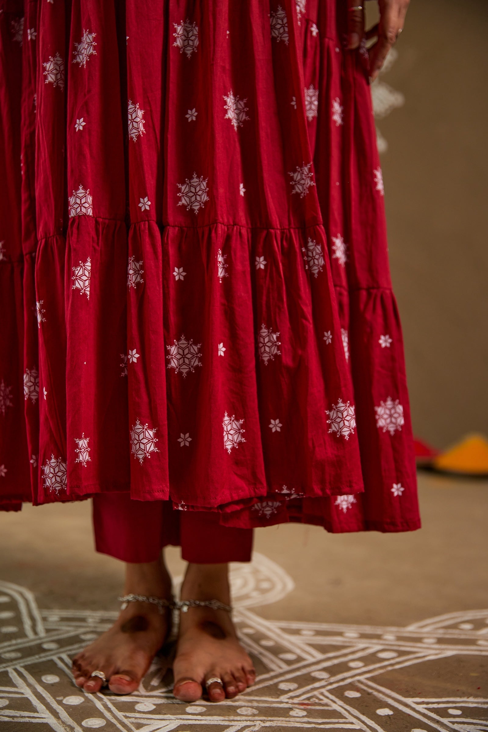 Kumkum Red Mul Cotton Tiered Anarkali Set (RTS)