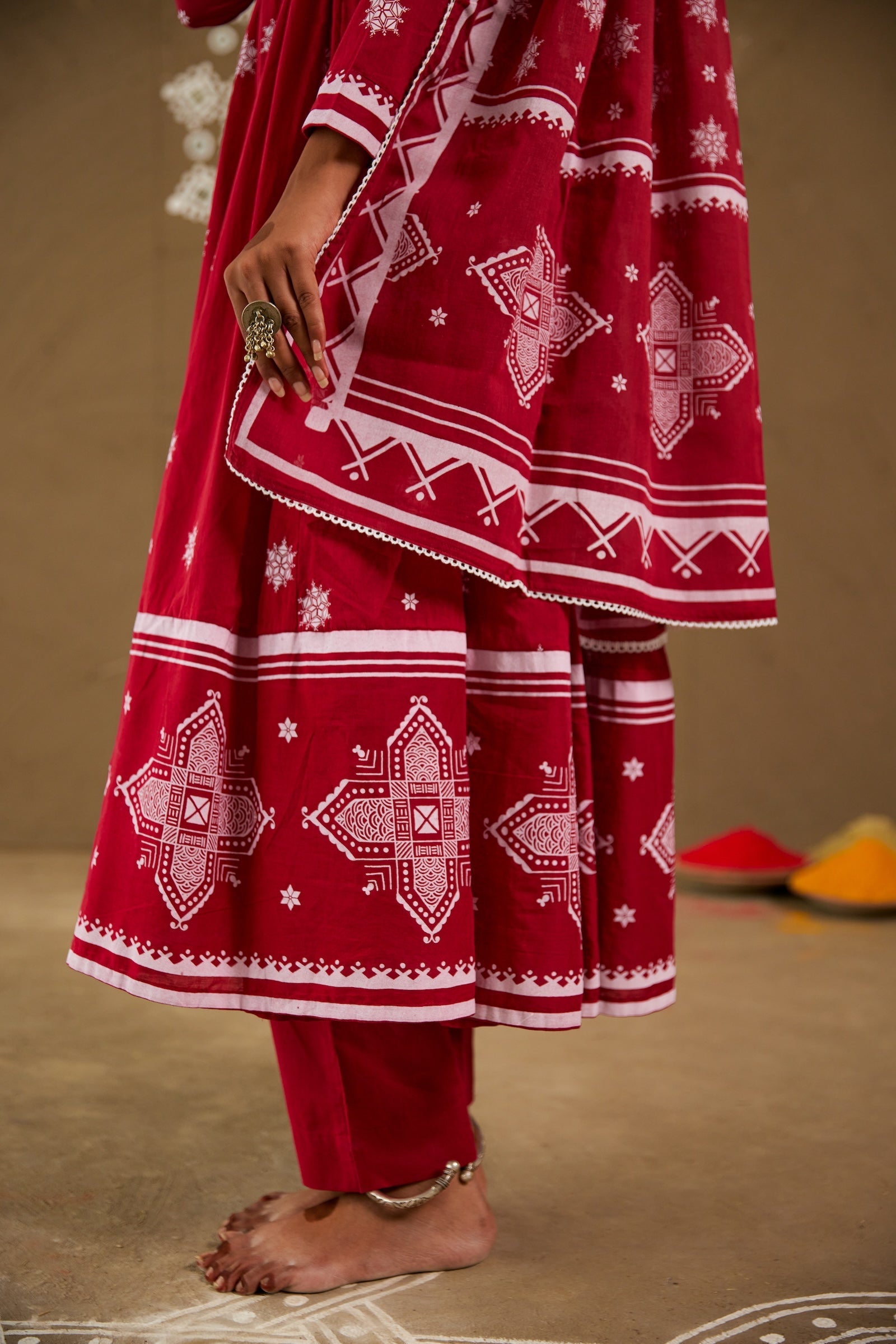 Roli Red Mul Cotton V Neck Anarkali Set