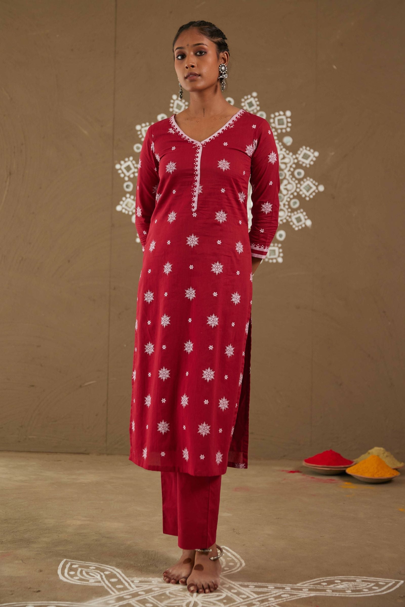 Kanku Red Mul Cotton V Neck Straight Kurta Set