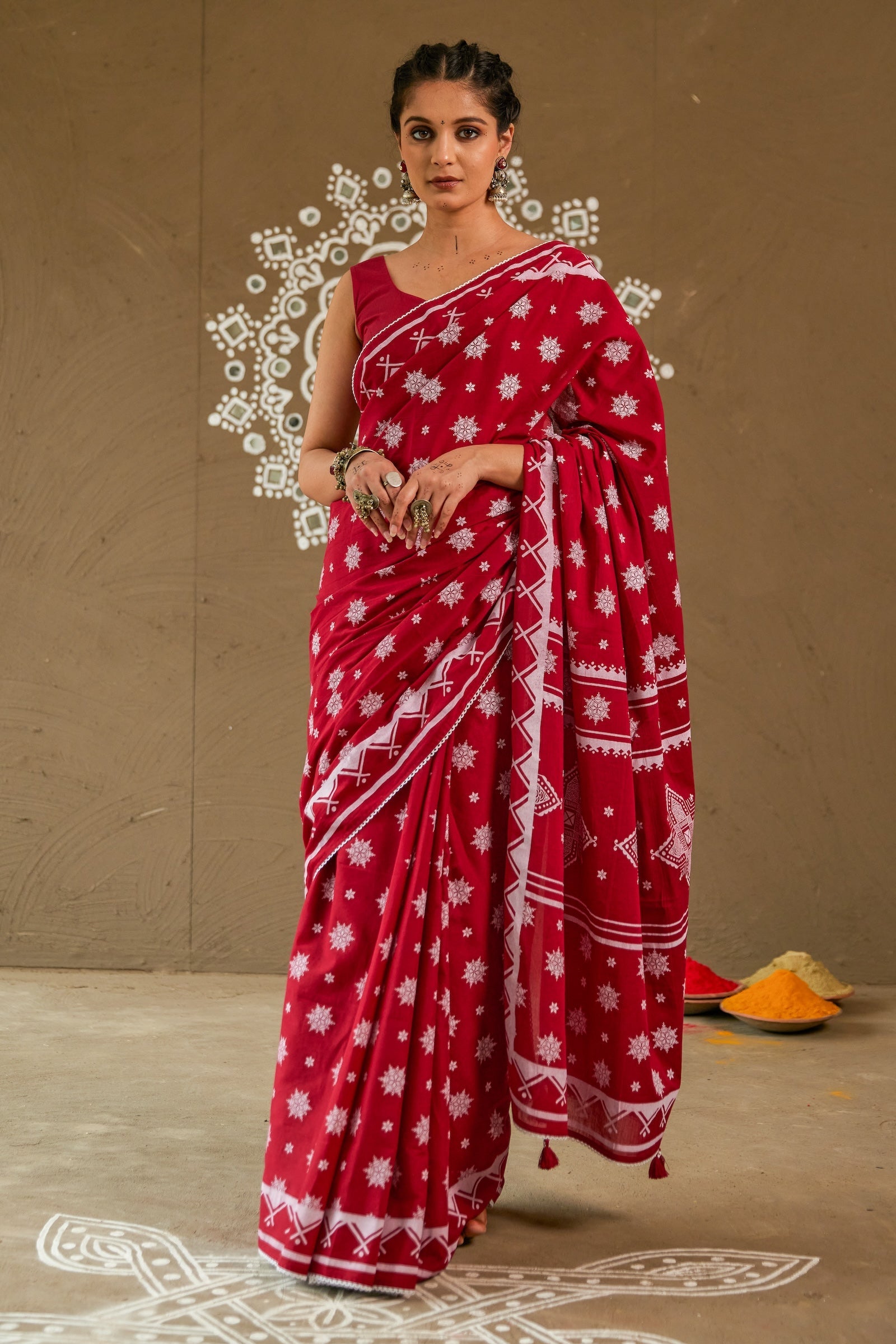 Pooja Red Cotton Printed Saree (RTS)