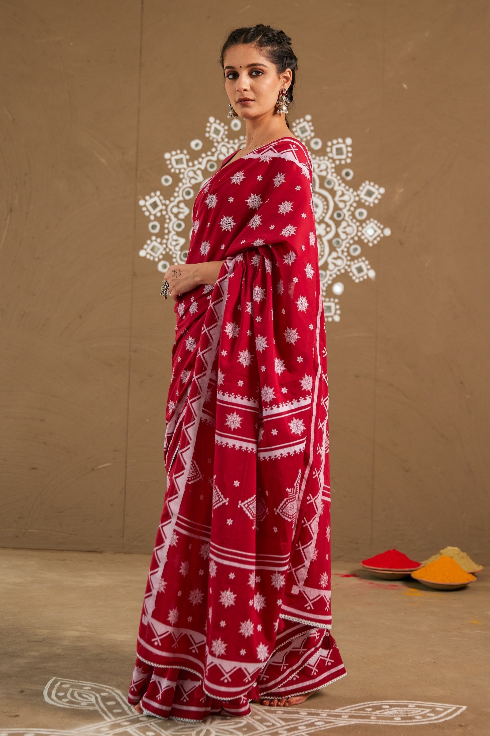 Pooja Red Cotton Printed Saree (RTS)