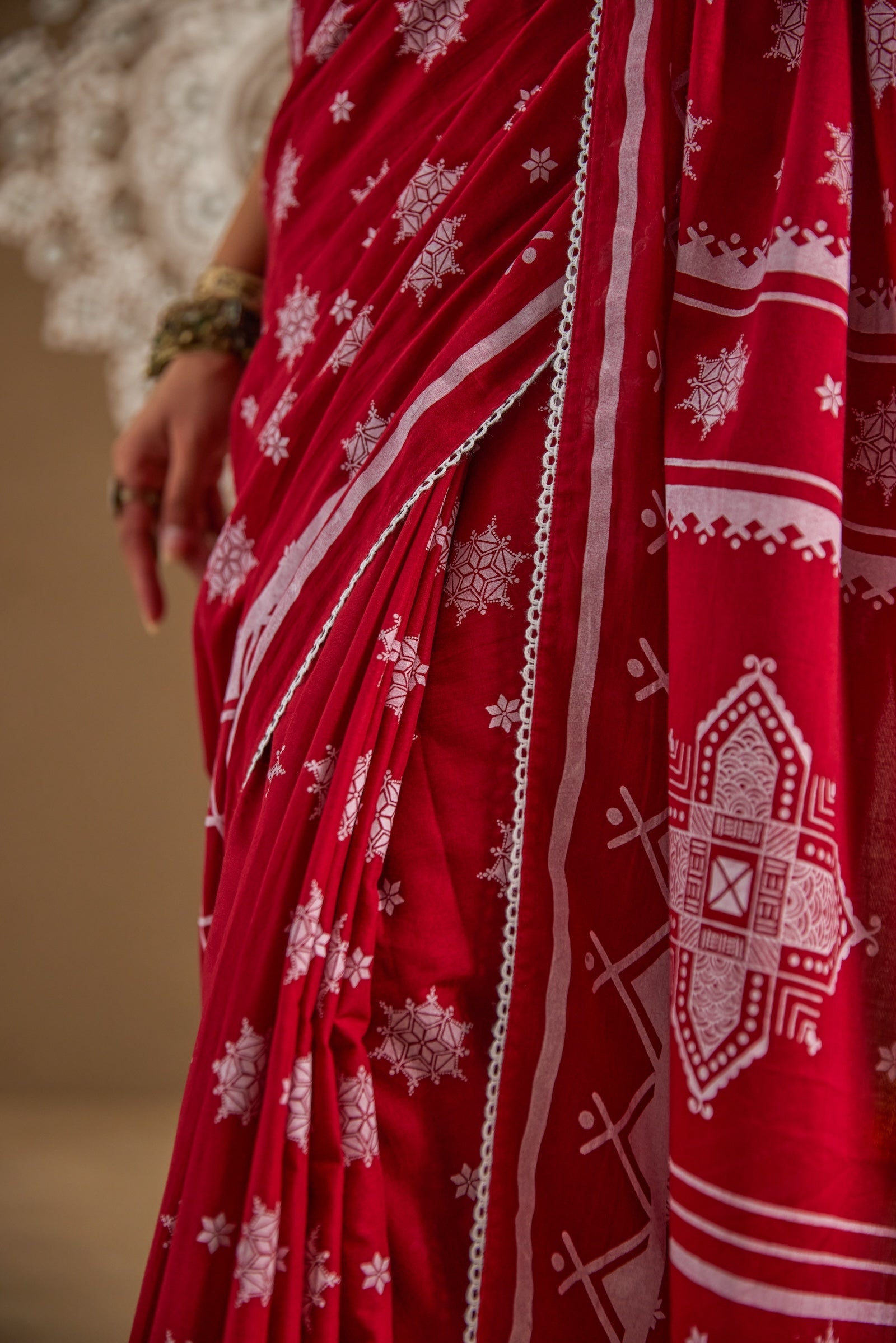 Pooja Red Cotton Printed Saree (RTS)