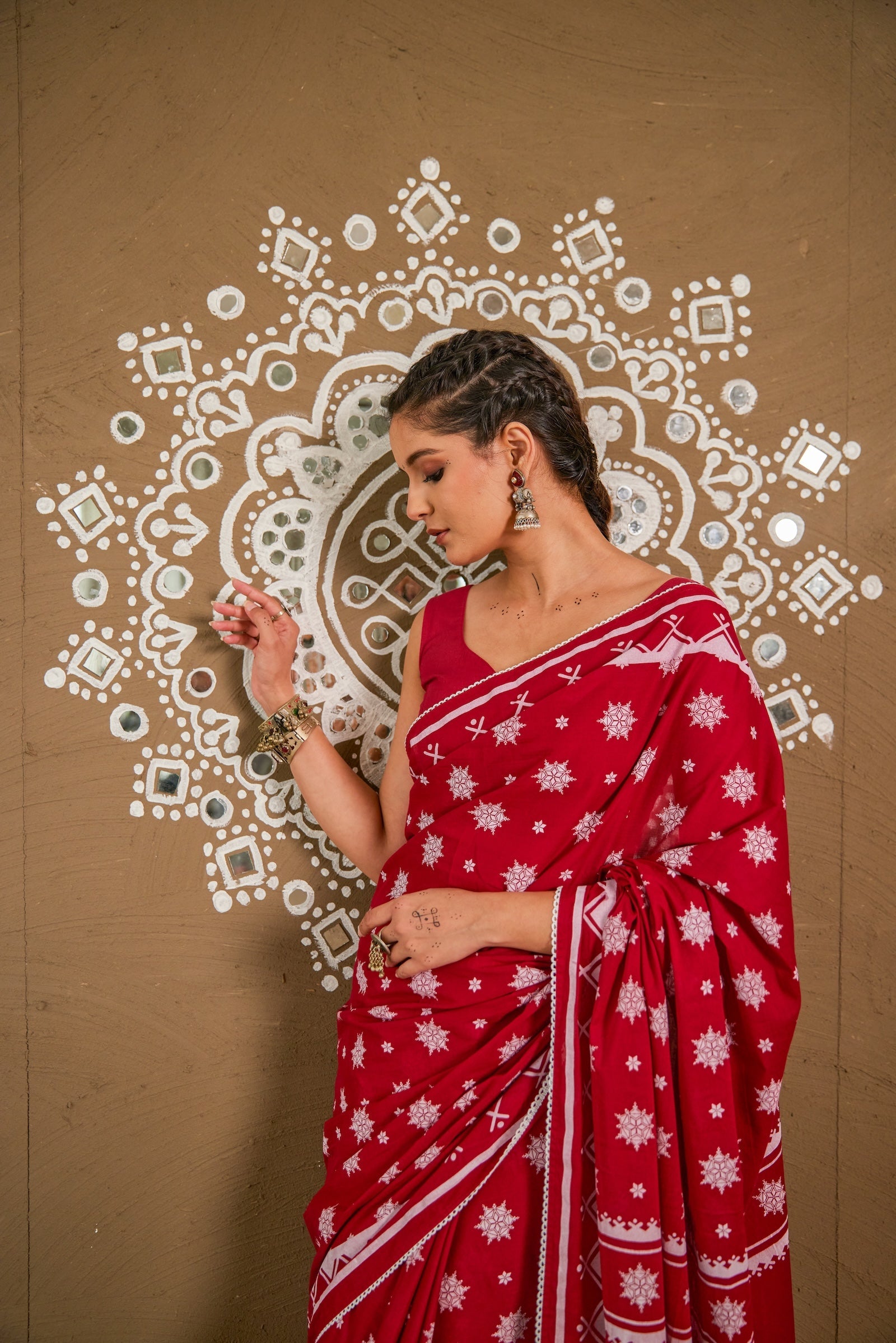 Pooja Red Cotton Printed Saree (RTS)