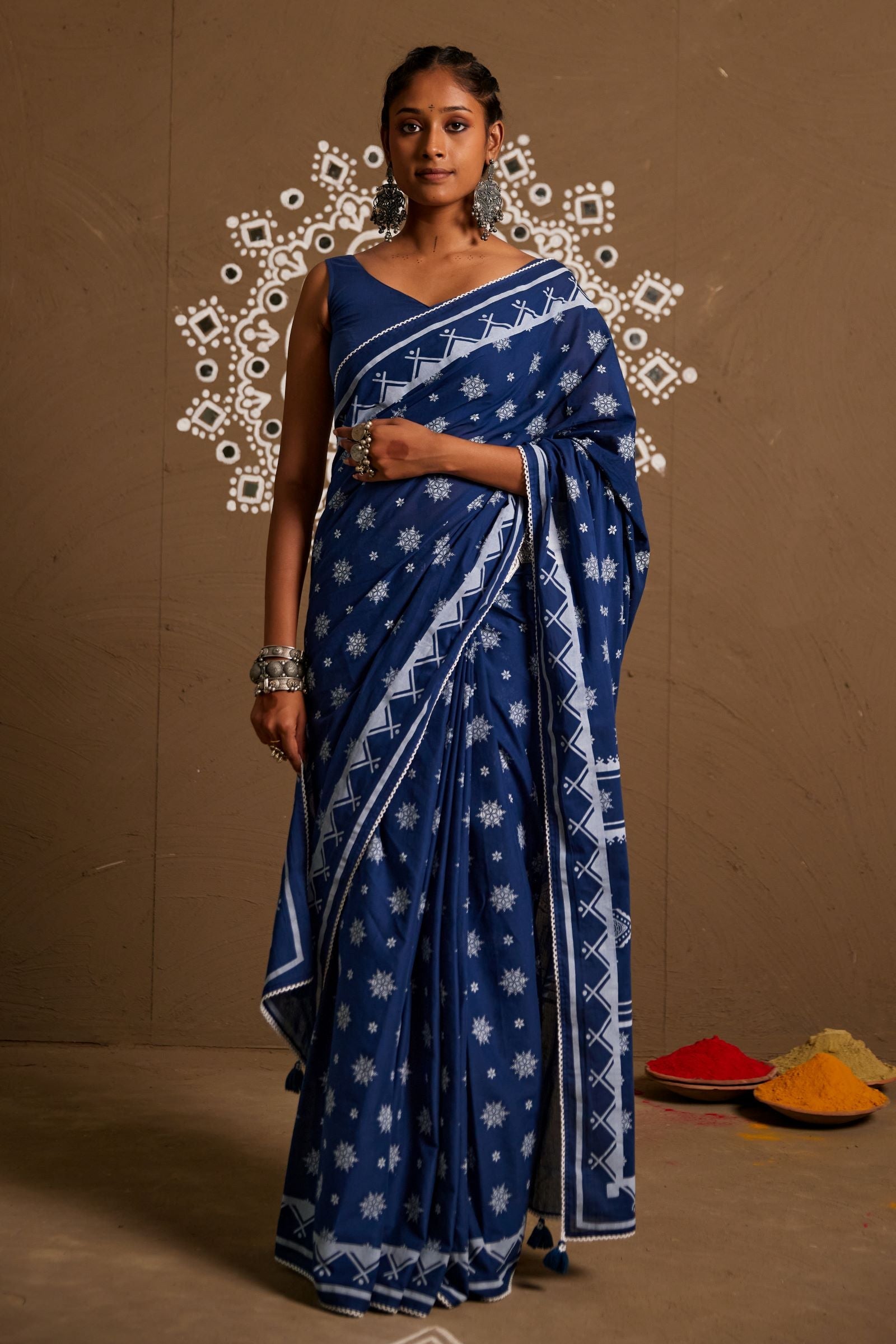 Saundh Blue Cotton Printed Saree (RTS)