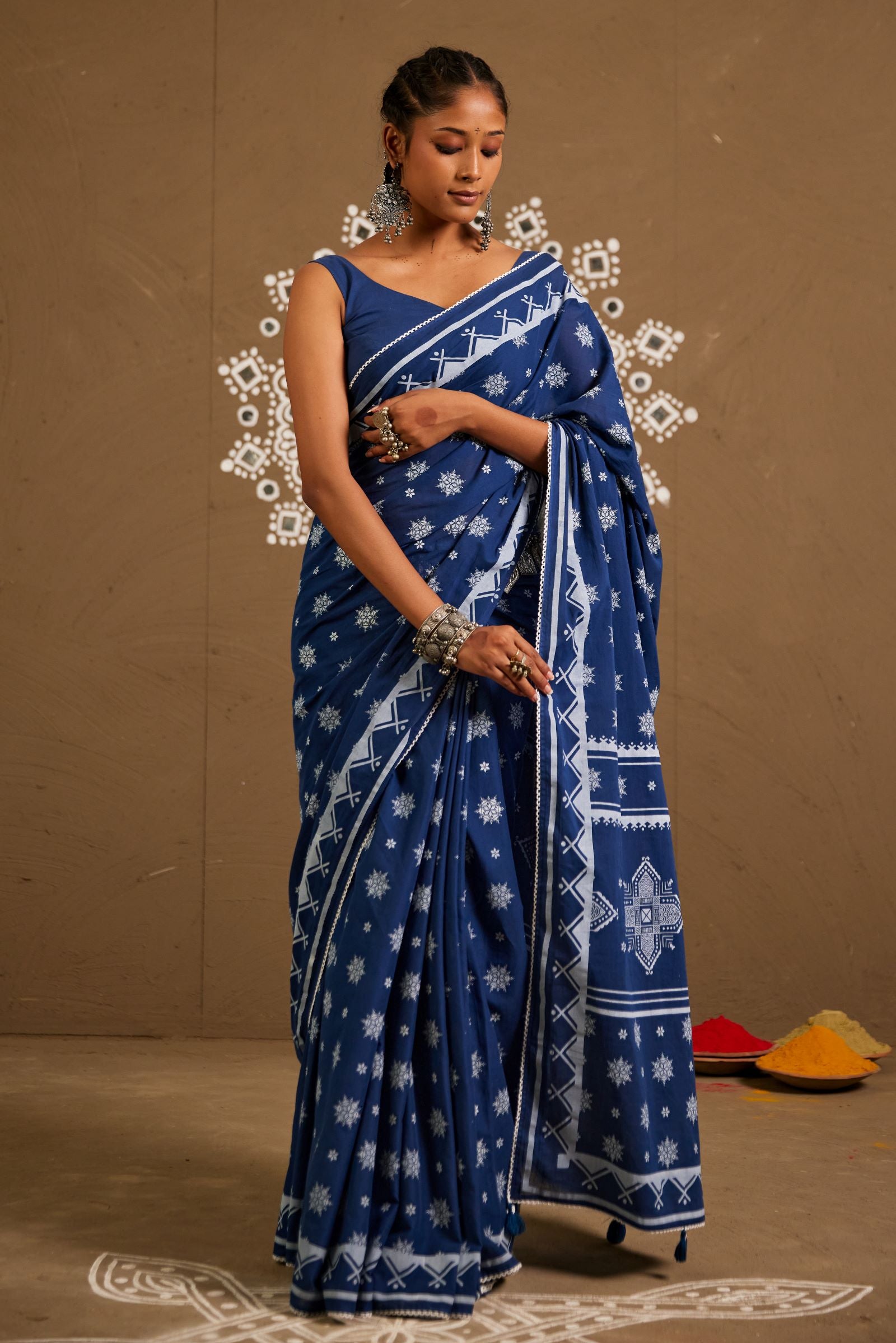 Saundh Blue Cotton Printed Saree (RTS)