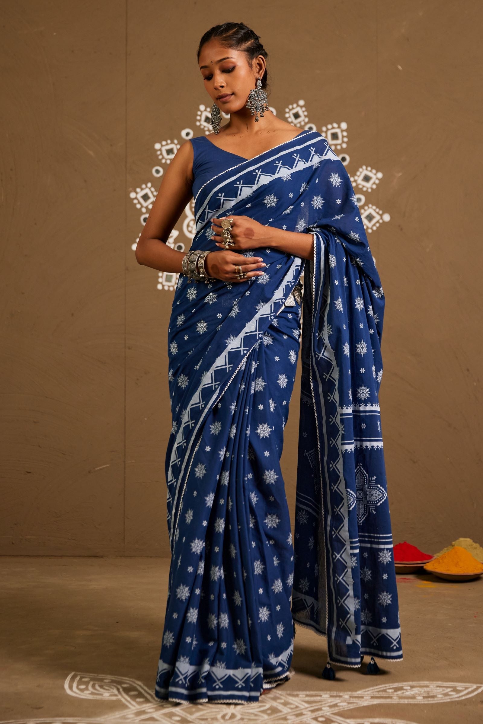 Saundh Blue Cotton Printed Saree (RTS)
