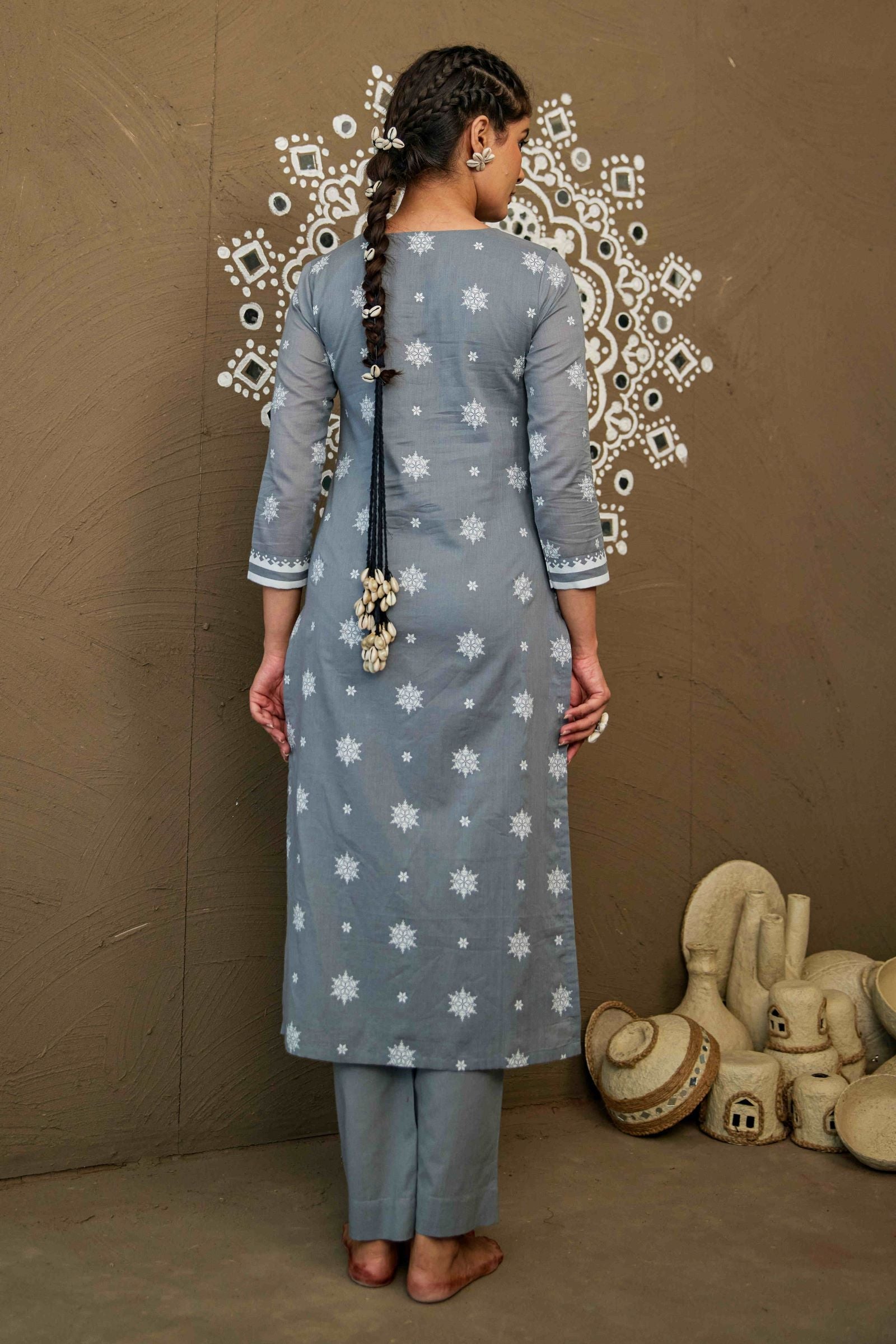 Ganga Grey Mul Cotton V Neck Straight Kurta Set
