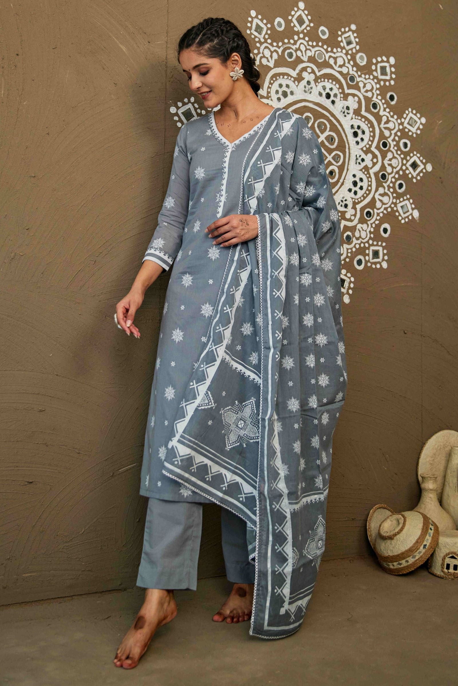 Ganga Grey Mul Cotton V Neck Straight Kurta Set