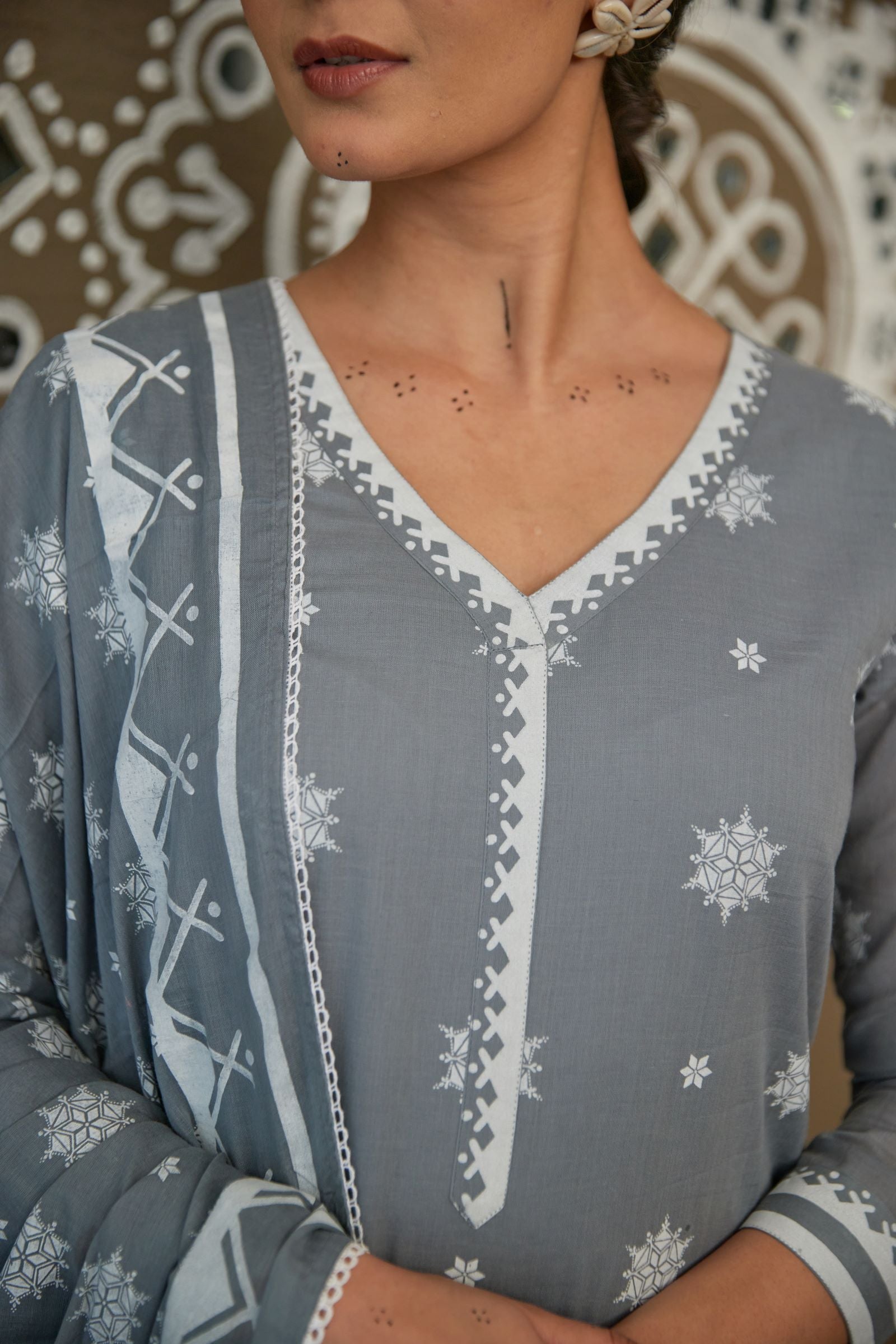 Ganga Grey Mul Cotton V Neck Straight Kurta Set