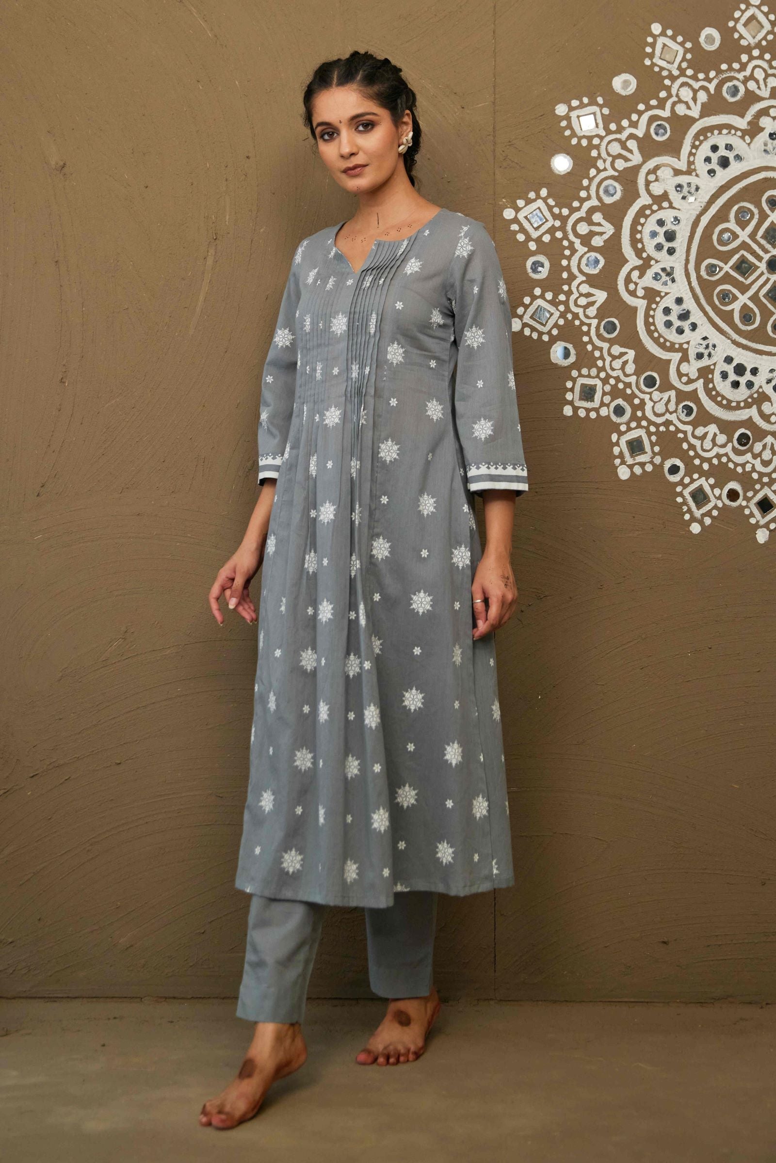 Moli Grey Mul Cotton Pin Tucks Kurta Set