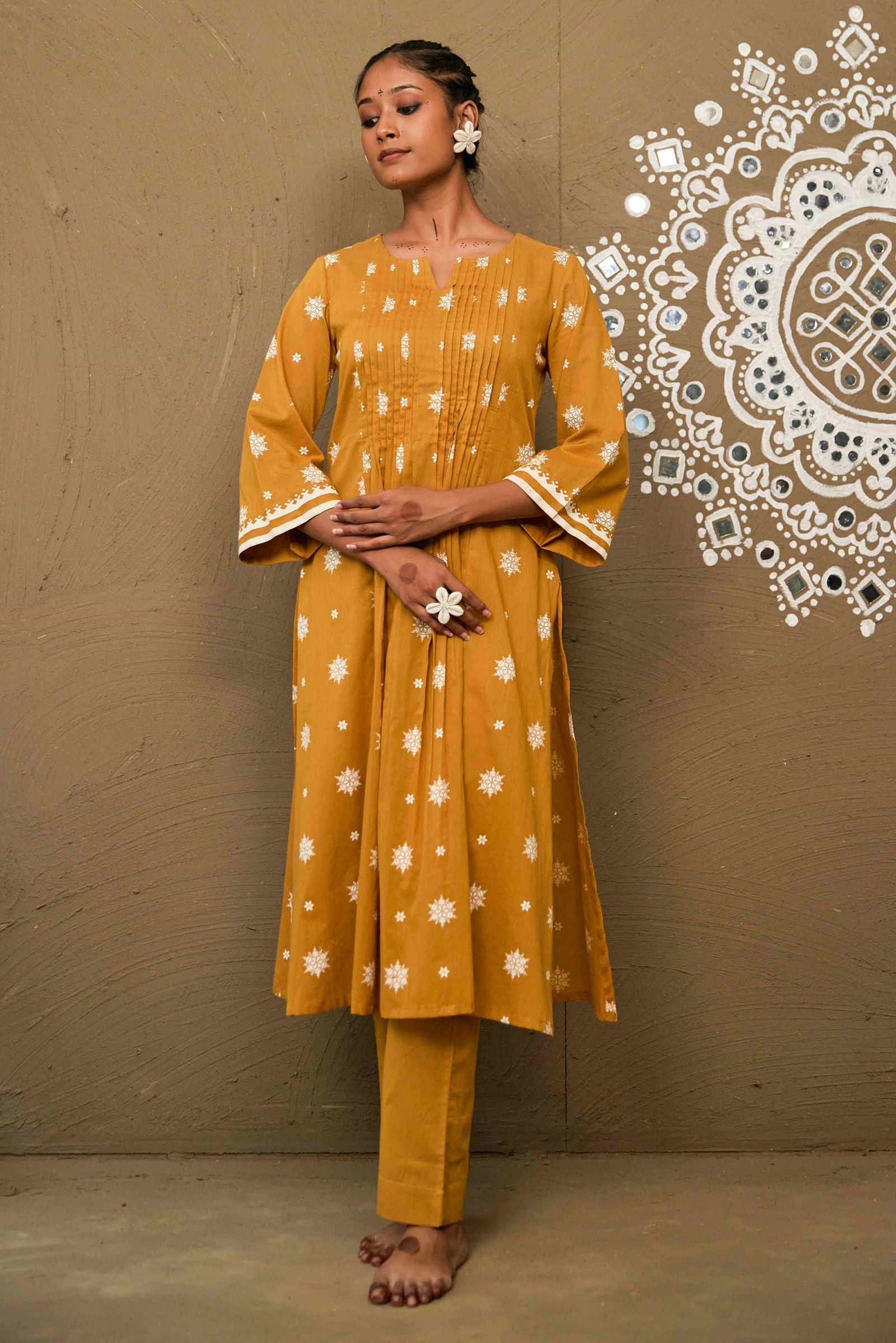 Champa Ochre Mul Cotton Pin Tucks Kurta Set