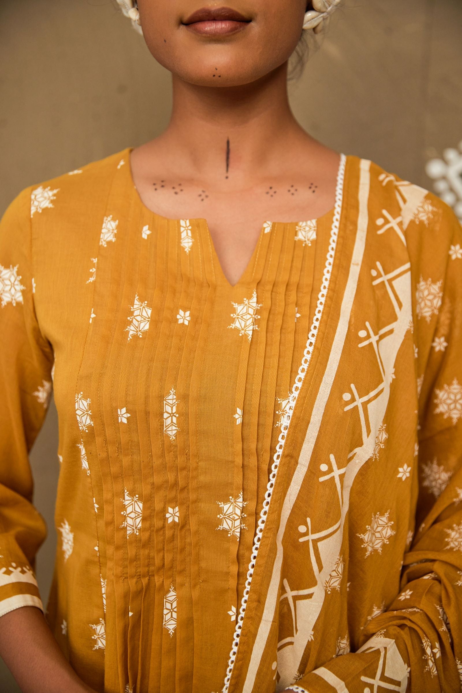 Champa Ochre Mul Cotton Pin Tucks Kurta Set